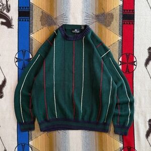 Vintage Structure Mens Green Striped Crewneck Sweater Ramie Cotton Large 90s